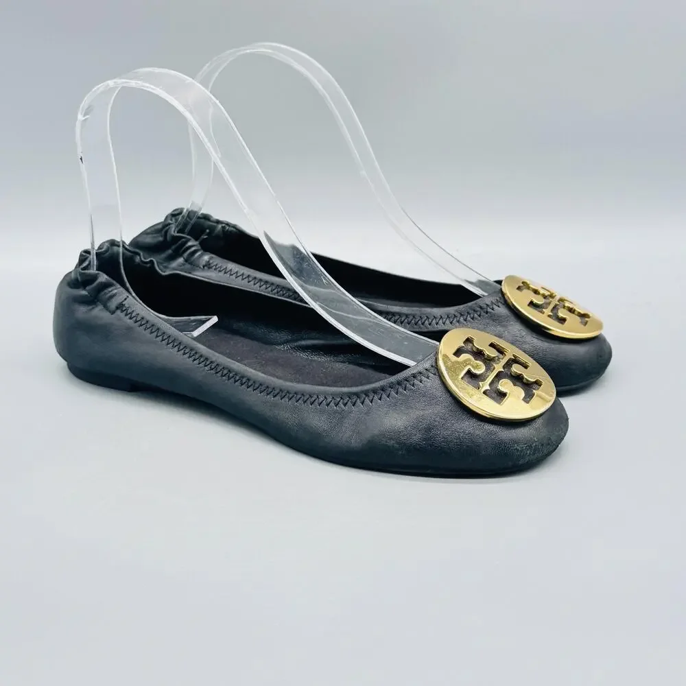 Tory Burch Shoes Womens 6 Black Leather Reva Ballet Flats Gold Logo Slip On